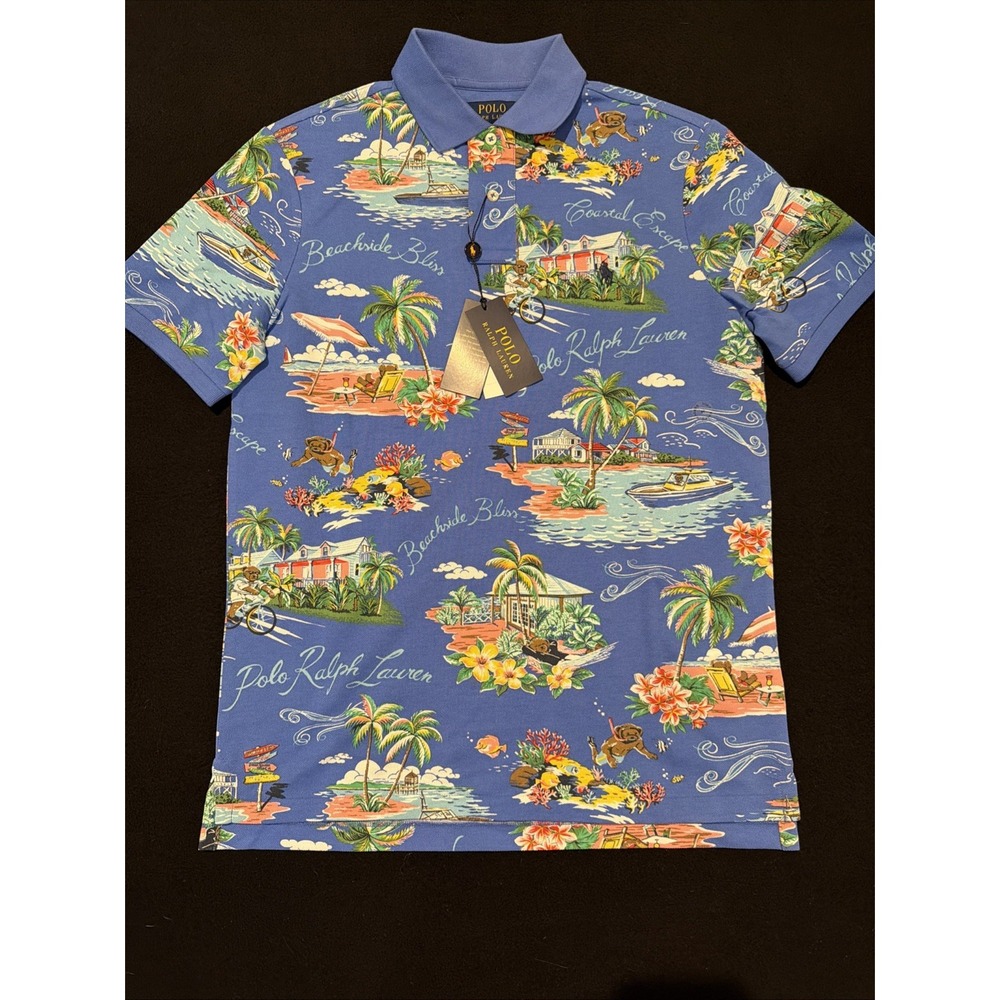 Polo Ralph Lauren Blue Multi Polo Bear Tropical Beach Print Mens Size Small NWT